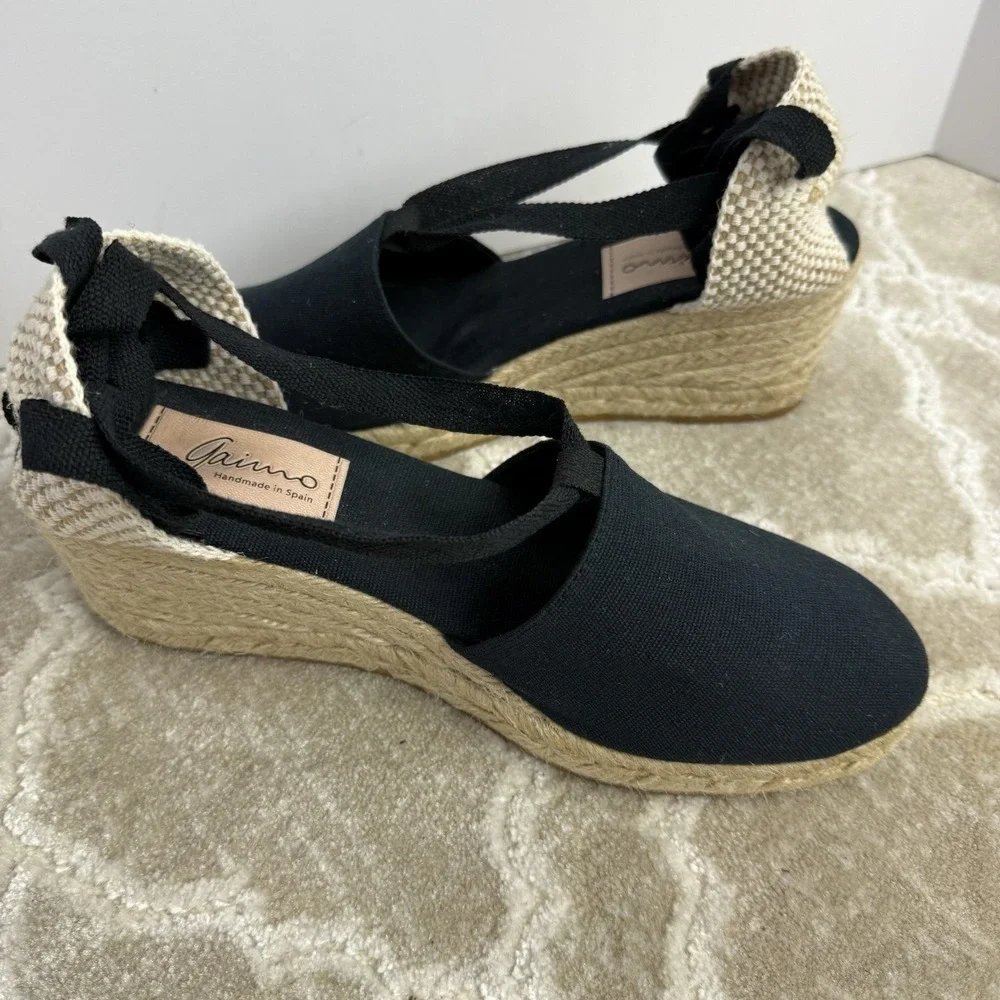 Gaino Black Ankle Tie Wedge Shoes Women's Size 40 (US 10) Made In Spain EUC